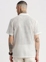 Men Cuban Collar Solid White Crochet Shirt-SAVRE-2284-White