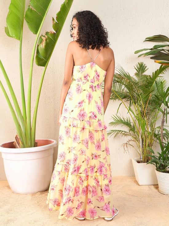 Women Yellow Floral Strappy Ruflle Maxi Dress