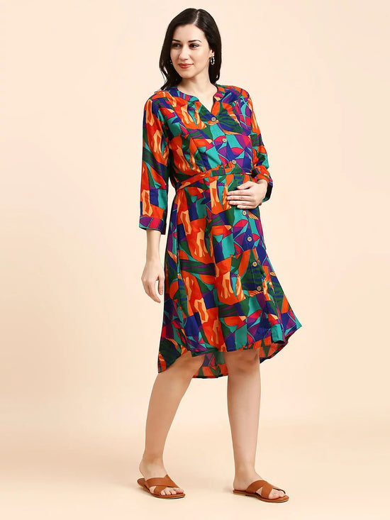 MomToBe Abstract Print Maternity Fit Flare Dress-1230mtbmultiprntd-l