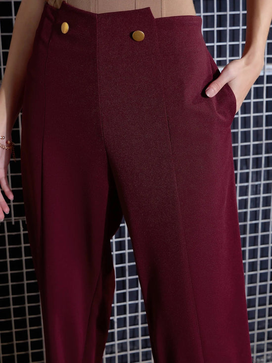 Women Red Waist Button Pants