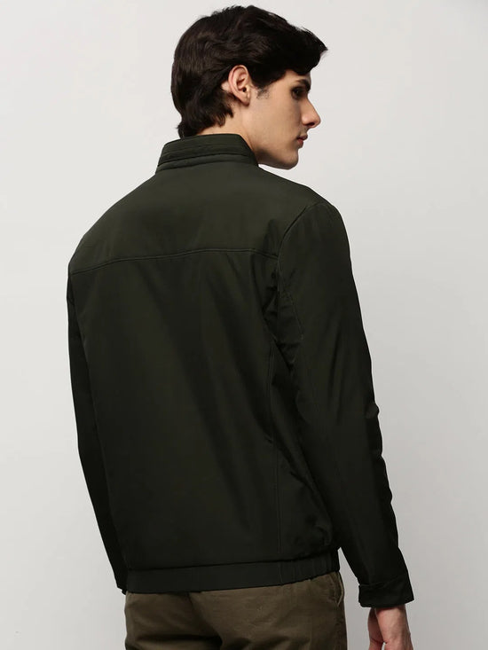 Men Green Solid Casual Bomber Jackets-ZD-3002-Olive