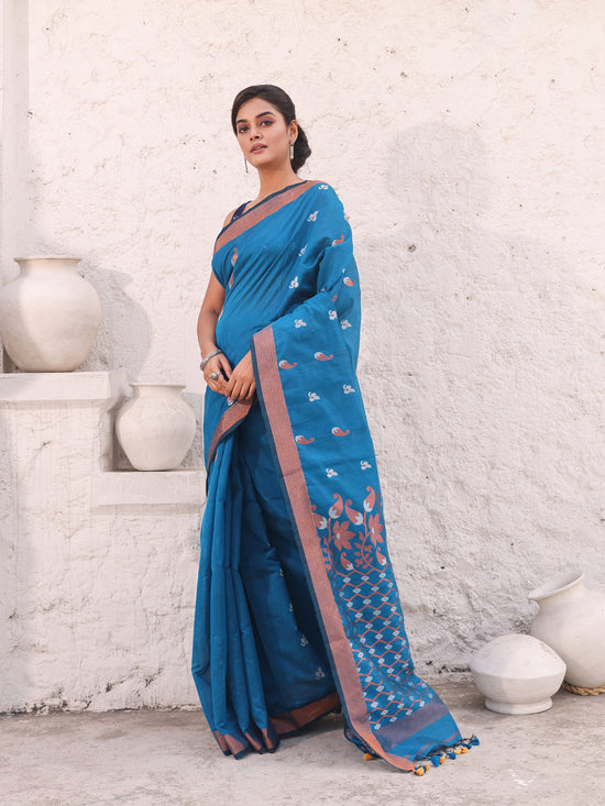 Teal Blue Cotton Saree With Zari Border-MA54BCT041380033