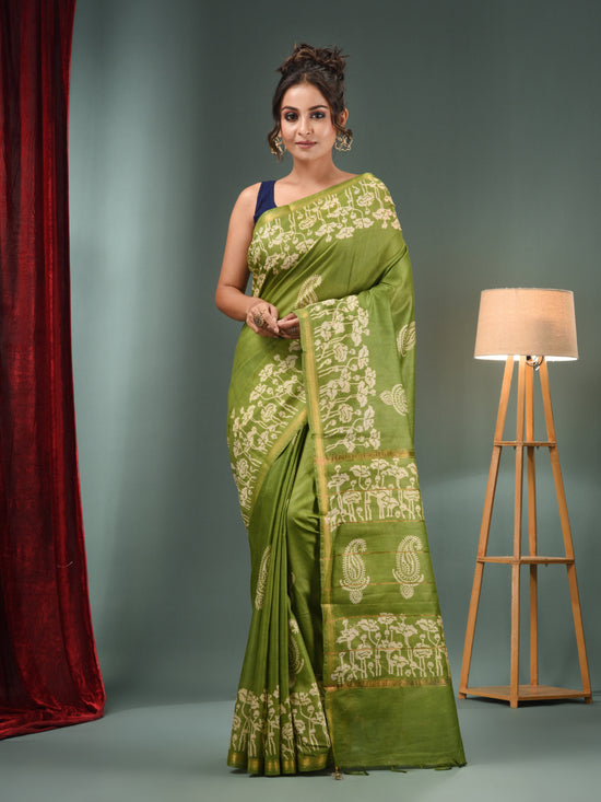 Light Green Blended Silk Handwoven Saree With Floral Border-MA50BSL34710003