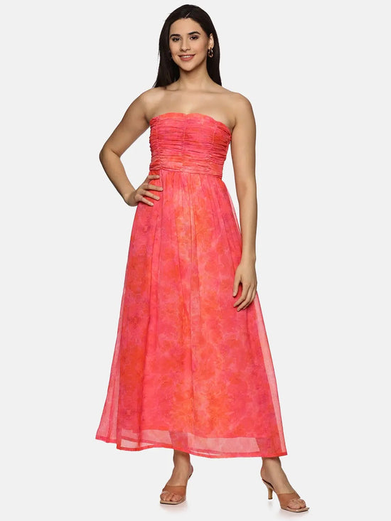 Floral Pink Front Gathered Maxi Dress-17348