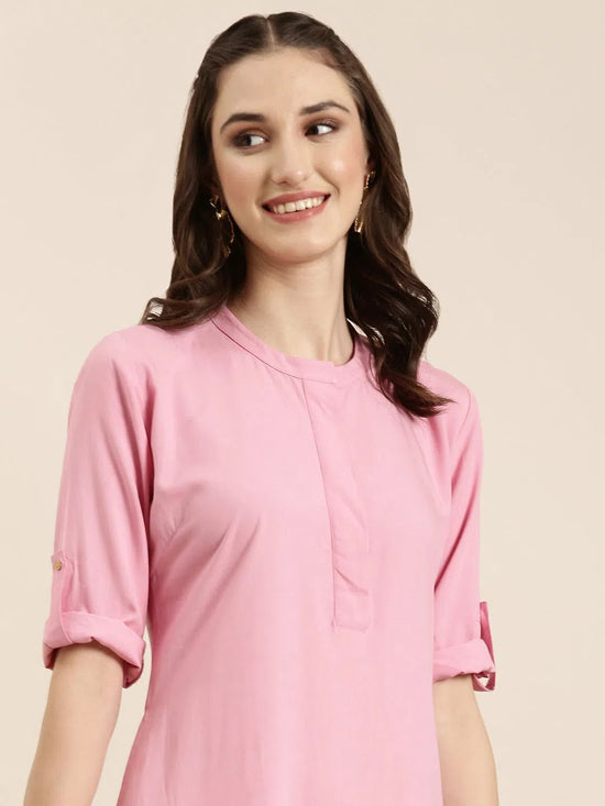 Women Pink Solid Straight Kurta-DF-1356-Pink