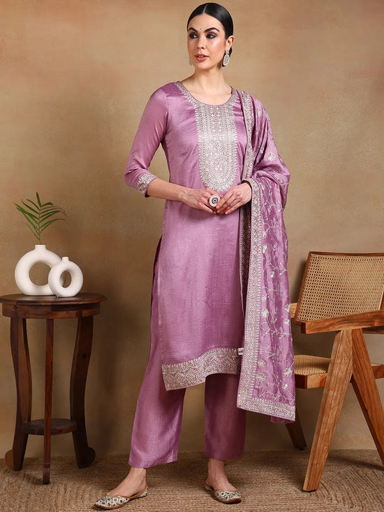 Ahika Women Lavender Silk Blend Embroidered Straight Kurta Pant Set With Dupatta-PKSKD1898D_XS