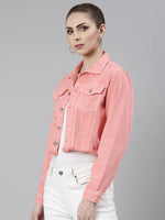 Women Coral Solid Denim Jacket-GZ-5599-Coral