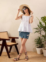 Women White Schiffli Strappy Tiered Top