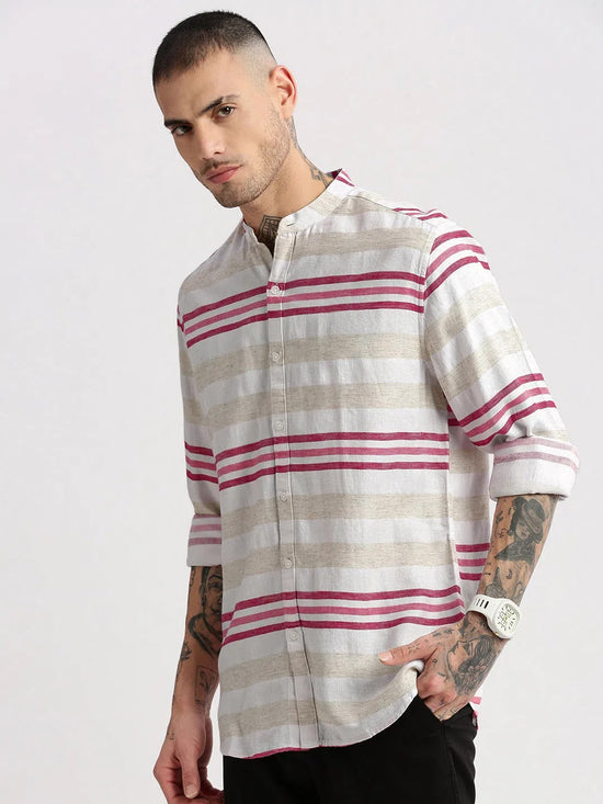 Men Mandarin Collar Horizontal Stripes Off White Casual Shirt-MIANO-2229-Offwhite