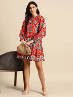 Mini Printed layered dress with balloon sleeve in Red Ikkat Print