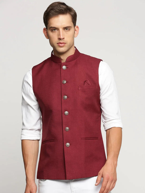 Men Maroon Mandarin Collar Solid Nehru Jacket-AK-51340-21-Maroon