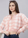 Women Peach Checked Cardigan-CHN-37922-Peach