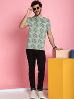 Venitian Men Mercerised Polo Neck All Over Printed Green T-Shirt With Pocket