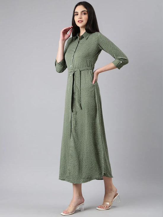 Women Olive Polka Dots Shirt Dress-AE-15992-Olive