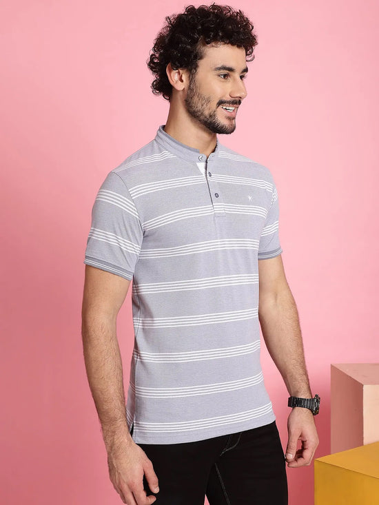 Venitian Men Henley Neck Striped Cotton Light Grey T-Shirt