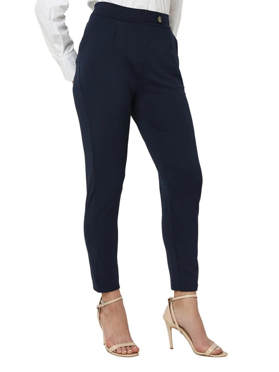 Smarty Pants Women's Cotton Lycra High Raise Waist Ankle Length Navy Blue Formal Trouser