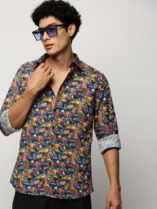 Men Navy Geometrical Shirt-PRISM-M204-1608-Navyblue