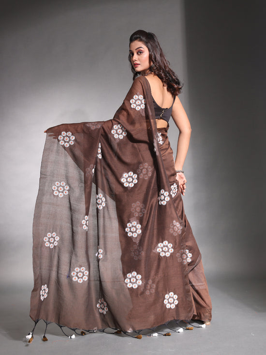 Brown Pure Cotton Soft Saree With Floral Embroidery Work-MA54CT33580094