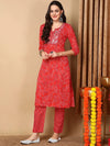 Ahika Women Red Cotton Embroidered Straight Kurta Pant Set