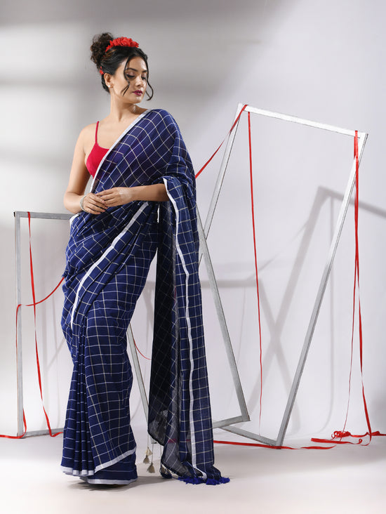 Blue Cotton Saree With Check Designs-MA55CT06520140