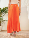 Women Orange Satin Accordion Pleated Maxi Skirt