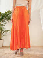 Women Orange Satin Accordion Pleated Maxi Skirt