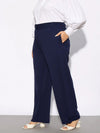 Women Navy Hem Button Detail Straight Pants