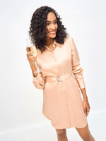 Women Beige Satin Belted Shirt Dress