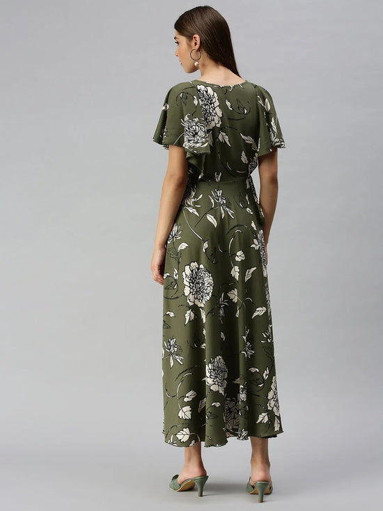 Women's Olive Printed Maxi Dress-DW-9431-Olive