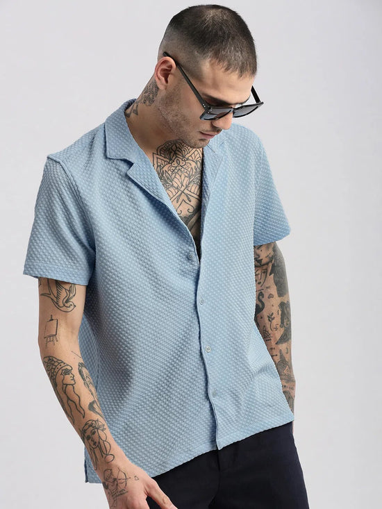 Men Cuban Collar Solid Blue Casual Shirt-FELCO-2202-Blue