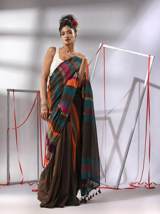 Brown Cotton Saree With Multicolor Stripes-MA55CT06560020