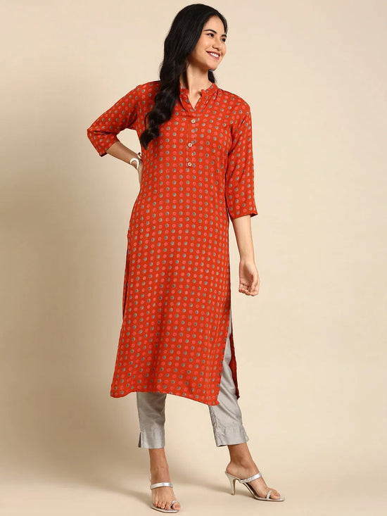 Women's Orange Printed Straight Kurta-GW-500-4-Rust