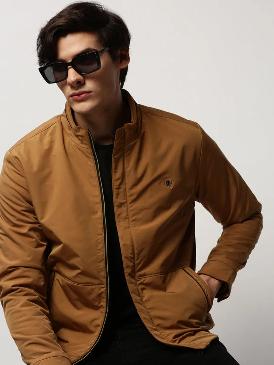 Men Brown Solid Casual Bomber Jackets-ZD-3704-Camelbrown