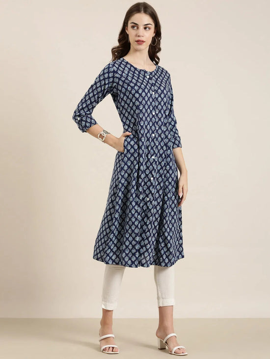 Women Navy Blue Printed A-Line Kurta-AT-A880-A-Navyblue