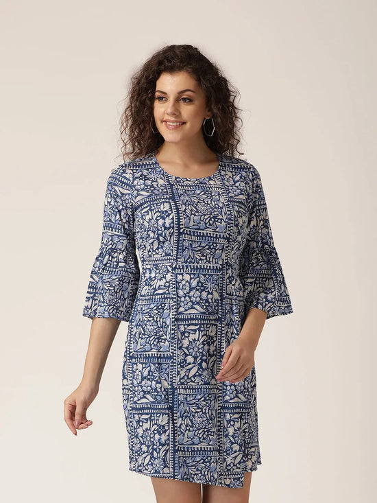 Bell sleeve overlap shift dress in Blue Print