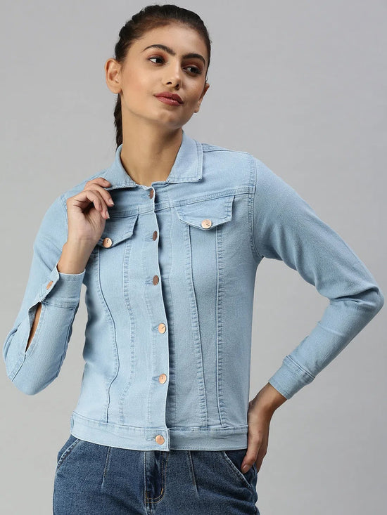 Women's Blue Solid Denim Jacket Jackets-AG-7901-Blue