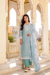 Vaasva Women Sky Blue Linen Floral Printed Kurta, Pant & Dupatta set