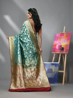 Teal Blue Silk Banarasi Saree With Zari Woven Floral And Paisley Designs-MA52BSL441050016