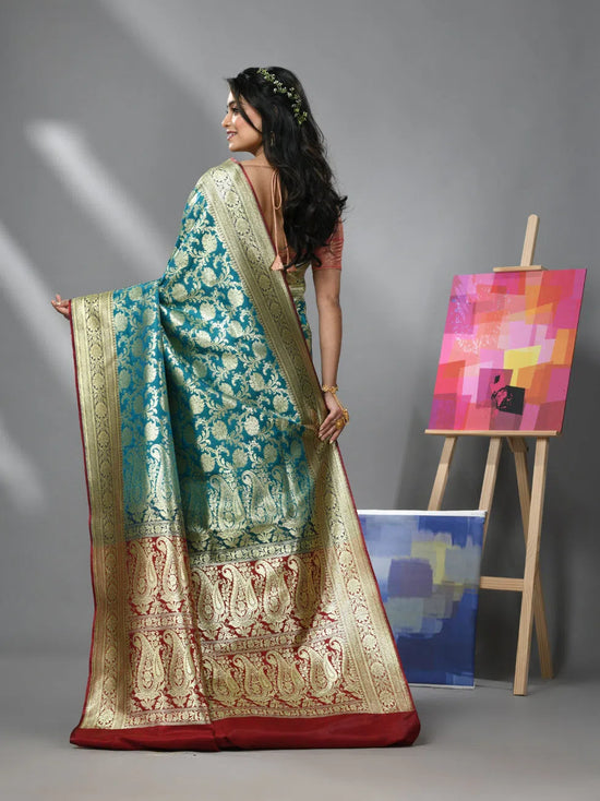 Teal Blue Silk Banarasi Saree With Zari Woven Floral And Paisley Designs-MA52BSL441050016