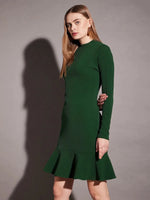 High neck mini dress with frill at bottom in Green Color