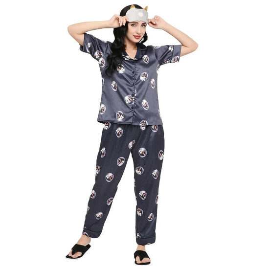 Smarty Pants Women's Silk Satin Grey Color Quirky Printed Night Suit