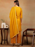 Ahika Women Yellow Silk Blend Embroidered Straight Kurta Palazzo Set