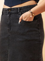 Women Black Denim Acid Wash A-Line Skirt