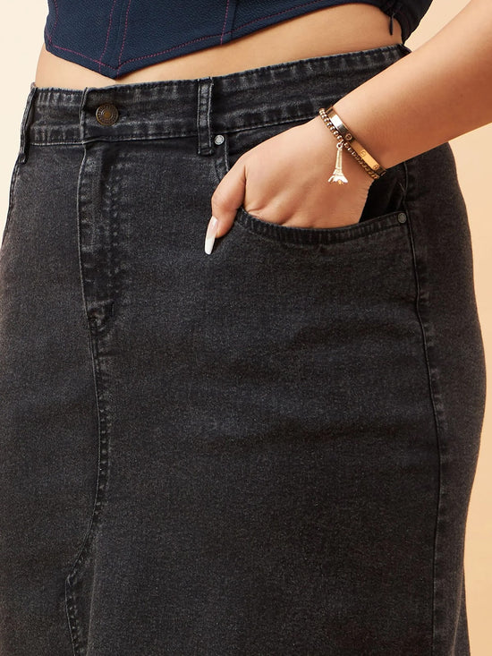 Women Black Denim Acid Wash A-Line Skirt