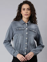 Women Grey Solid Denim Jacket-IM-10478-Grey