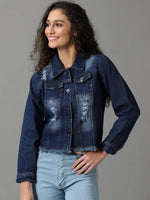 Women's Navy Blue Solid Denim Jacket-AE-9506-Navyblue