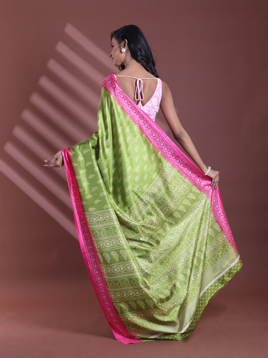 Green Silk Soft Saree With Paisley Print-MA60BSL01400041