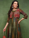 Ahika Women Olive Viscose Rayon Abstract Printed A-Line Kurta with Overcoat