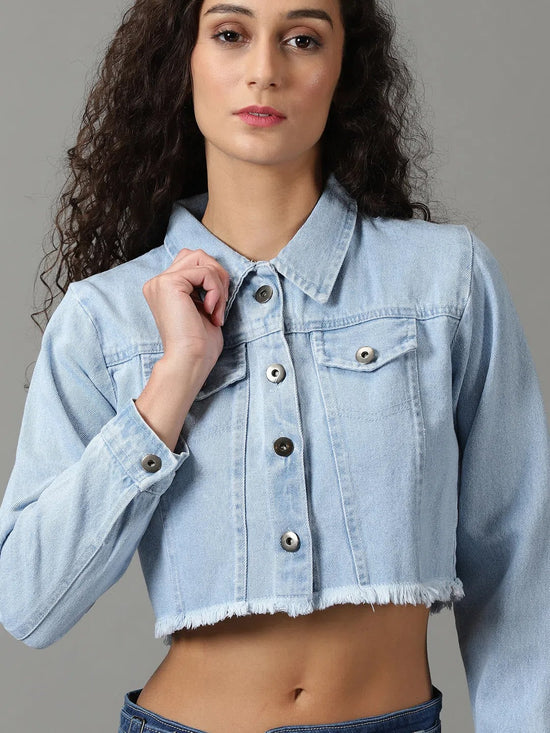 Women's Blue Solid Denim Jacket-AE-9505-Blue