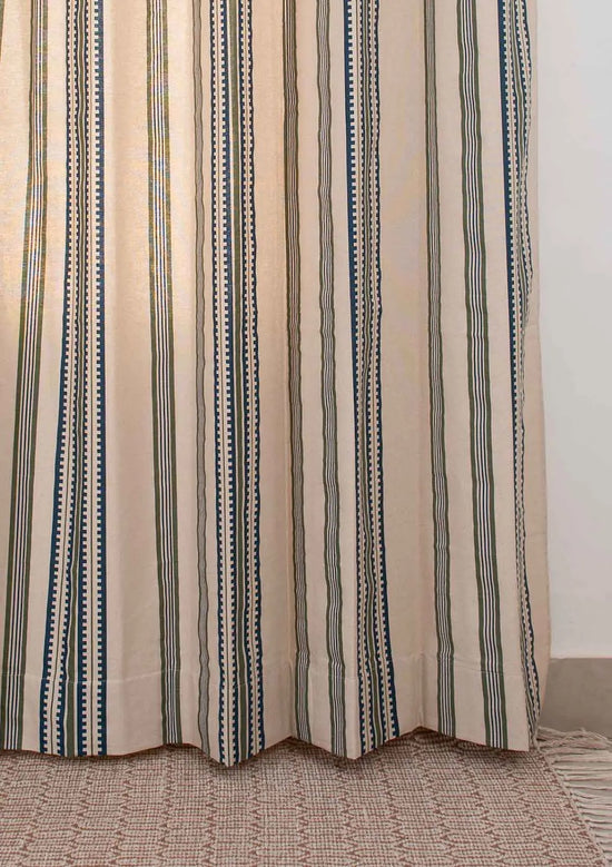 Roman Stripes 100% cotton geometric curtain for bed room - Room darkening - Pepper Green and Night Blue - Pack of 1-230822138